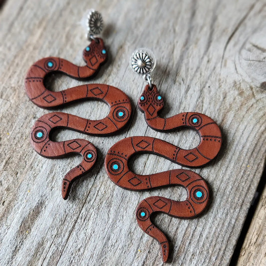 Handmade Tooled Leather Snake Earrings