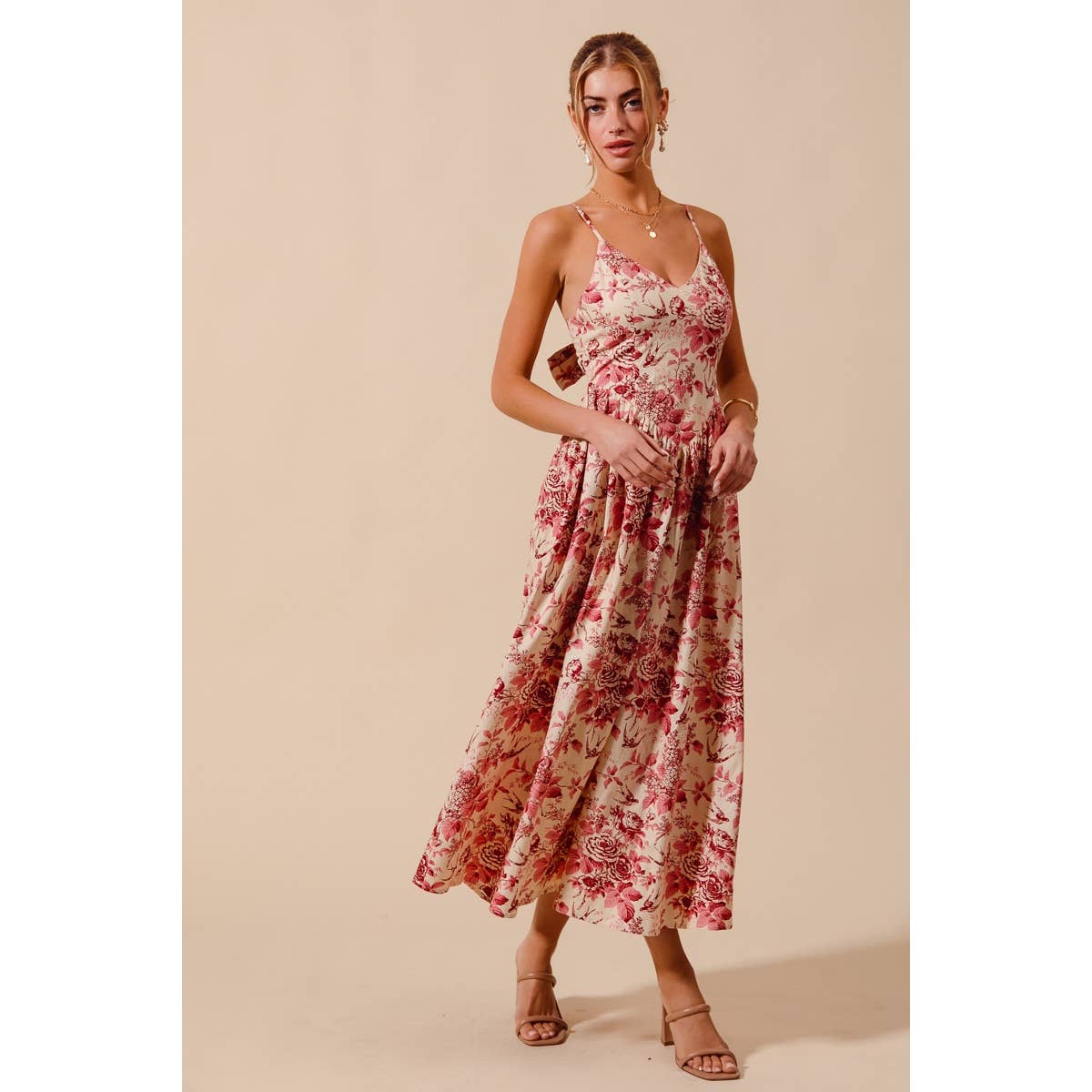 Floral Woven V Neck Dress With Back Ribbon Tie
