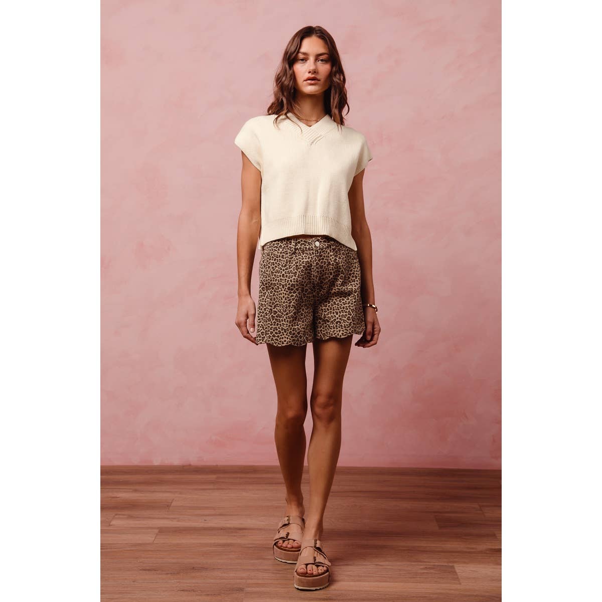 Mid Rise Leopard Shorts with Scallop Hem