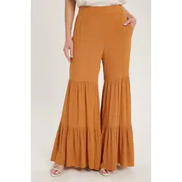 Camel Tiered Ruffle Wide Leg Pants
