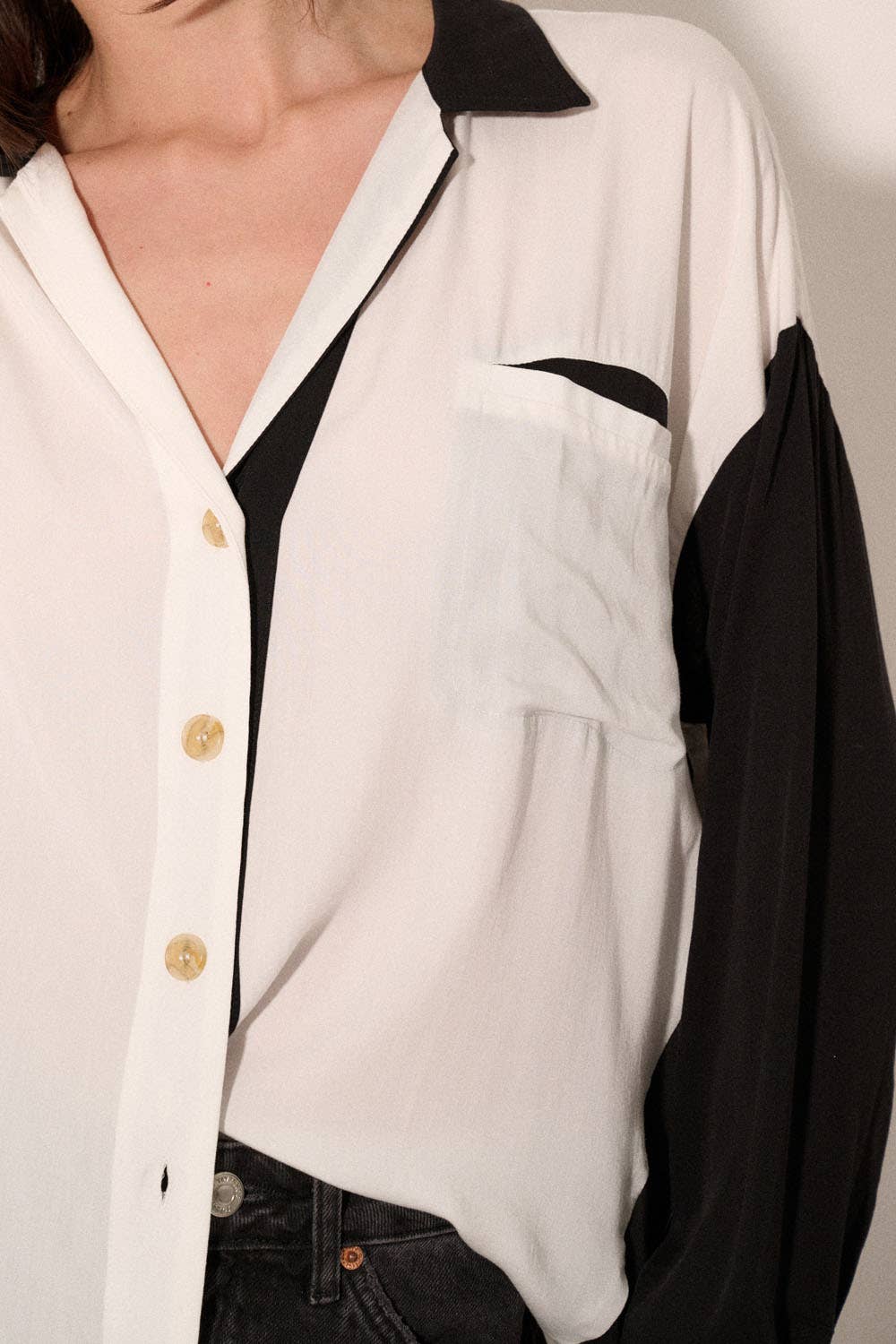 Color Block Collar Neck Long Sleeve Woven Shirt