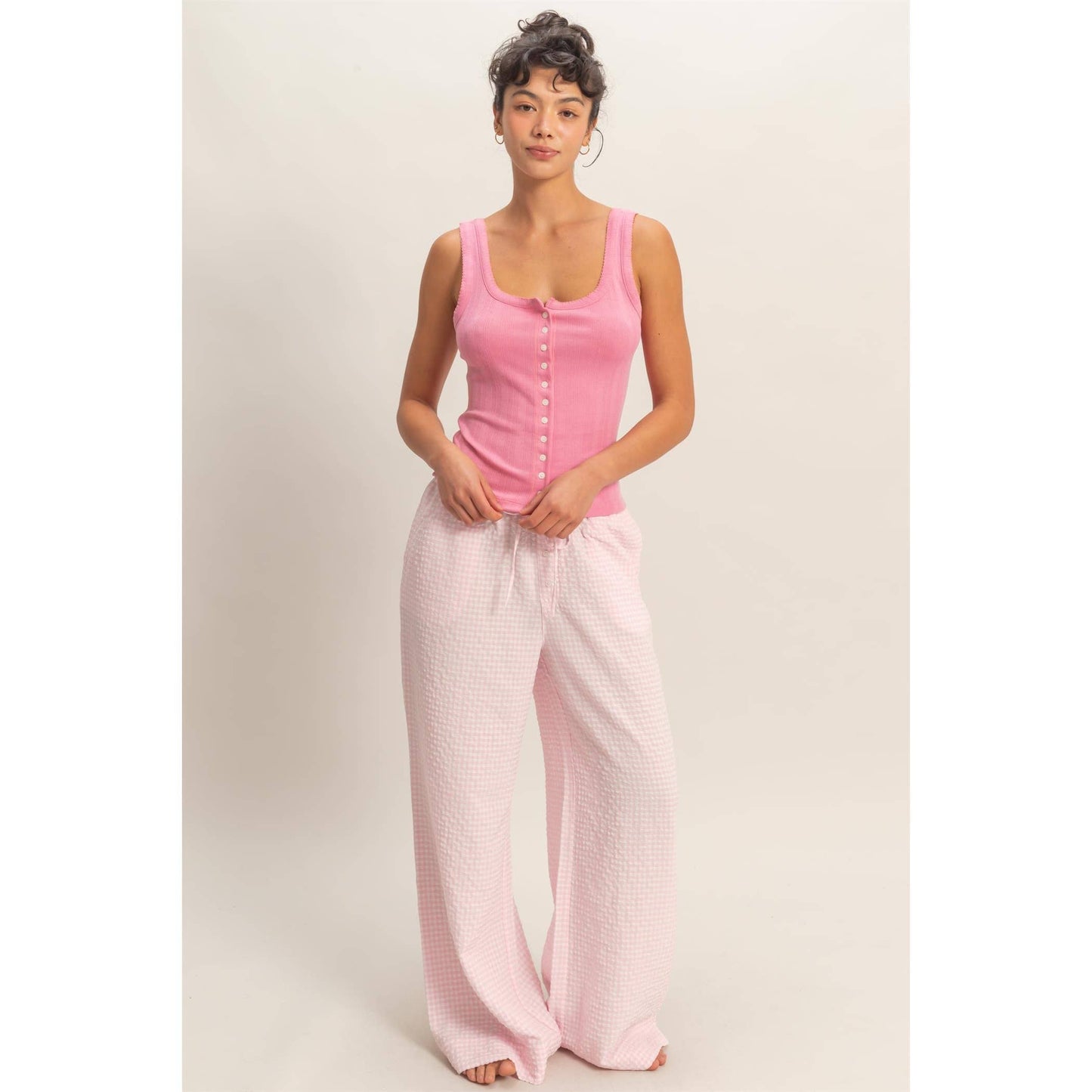 Gingham Drawstring Wide-Leg Pants