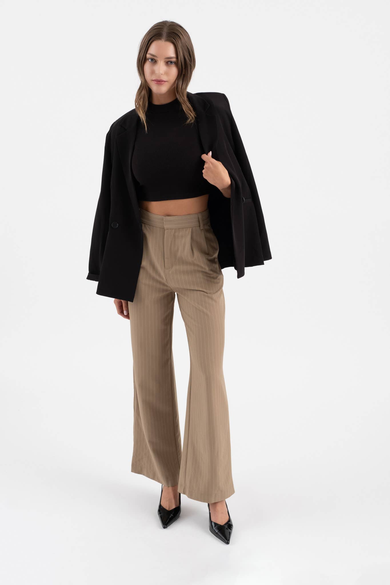 PINSTRIPE FLARE LEG PLEATED PANTS