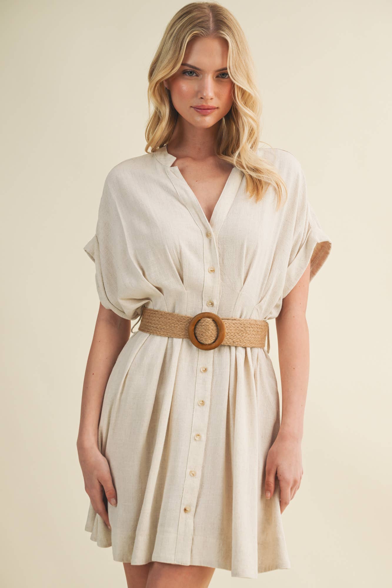 Dolman Sleeve Belted Button-Front Dress