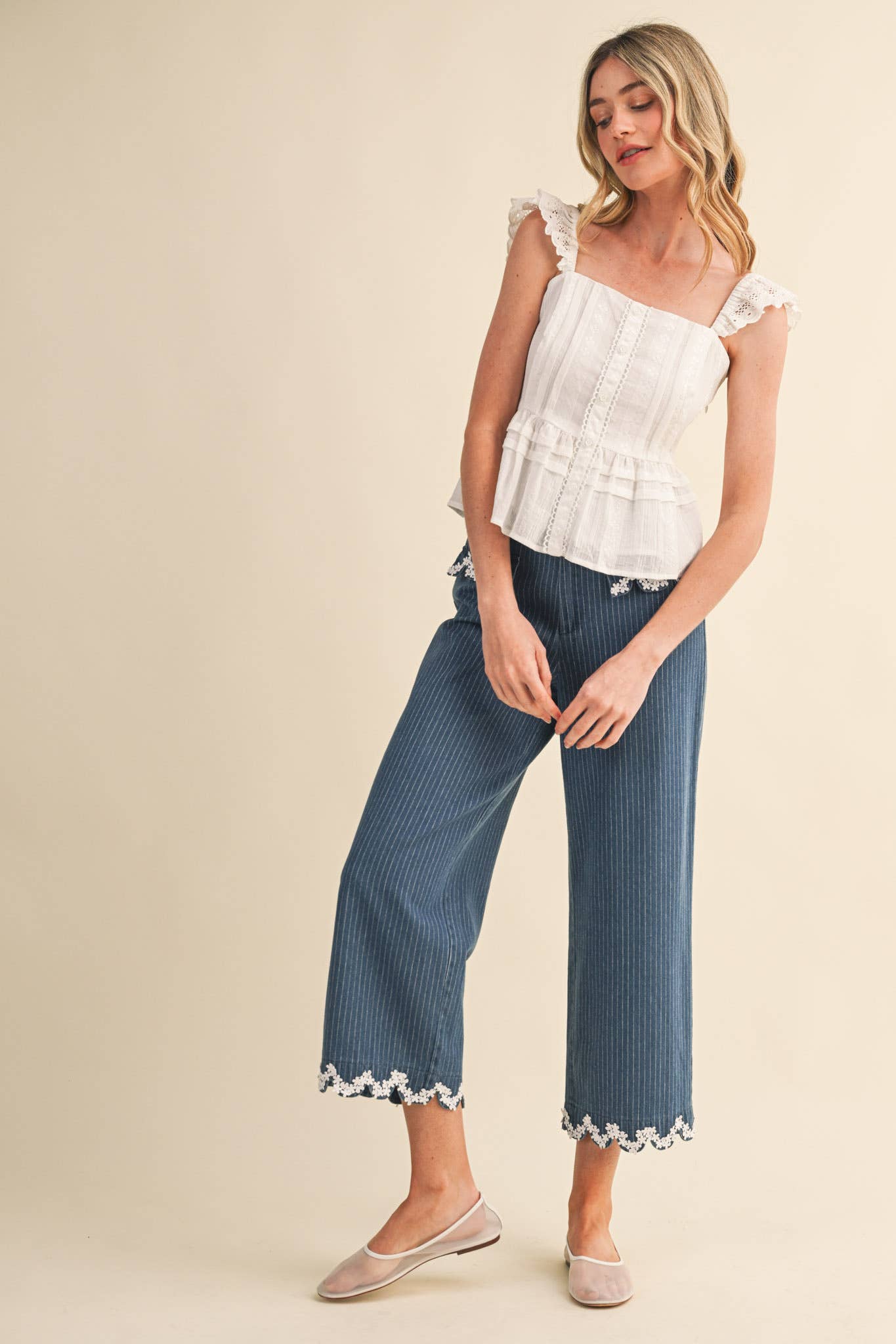 Eyelet Flutter Sleeve Peplum Top
