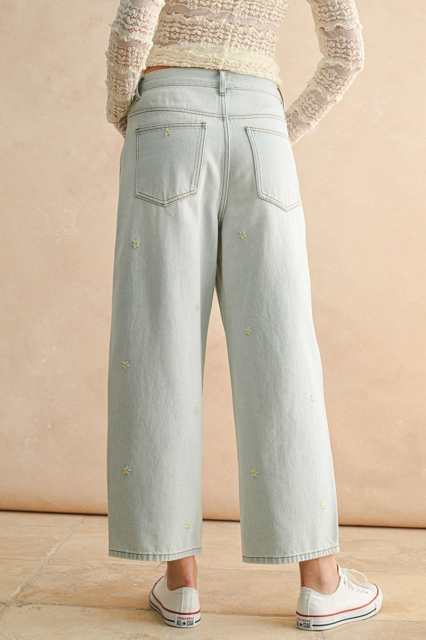 Flower Embroidered Denim Pants