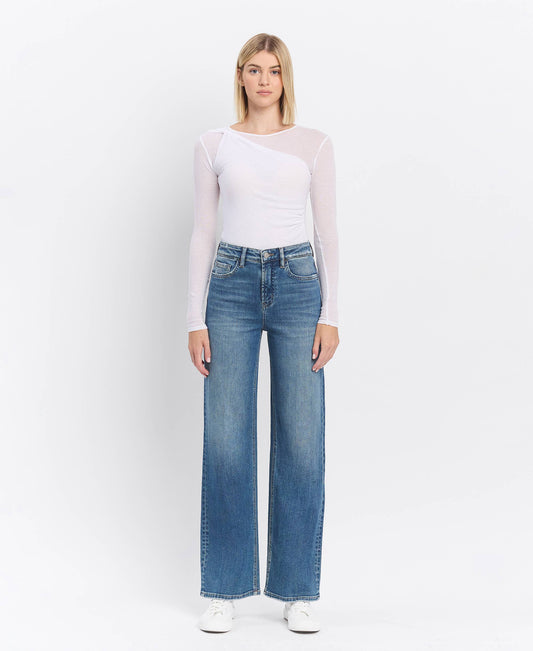 Super High Rise Medium Dark Wash Wide Leg Jeans