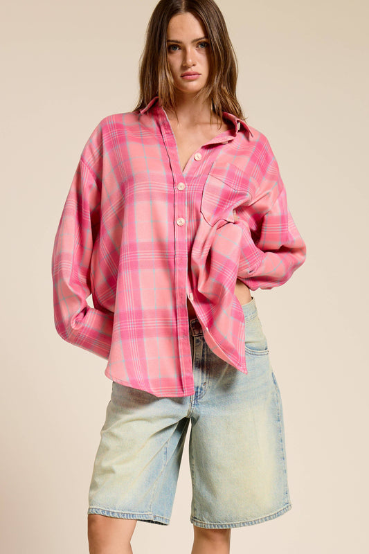Oversized Plaid Button Down Shirt with Front Pocket