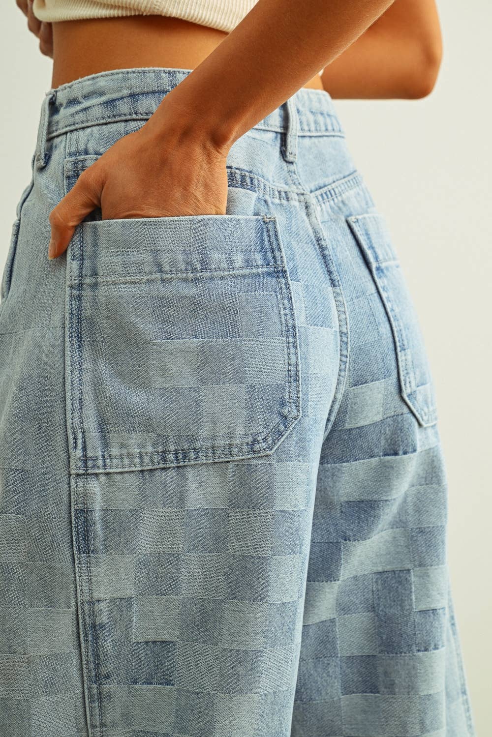 Checkered Denim Barrel Jeans