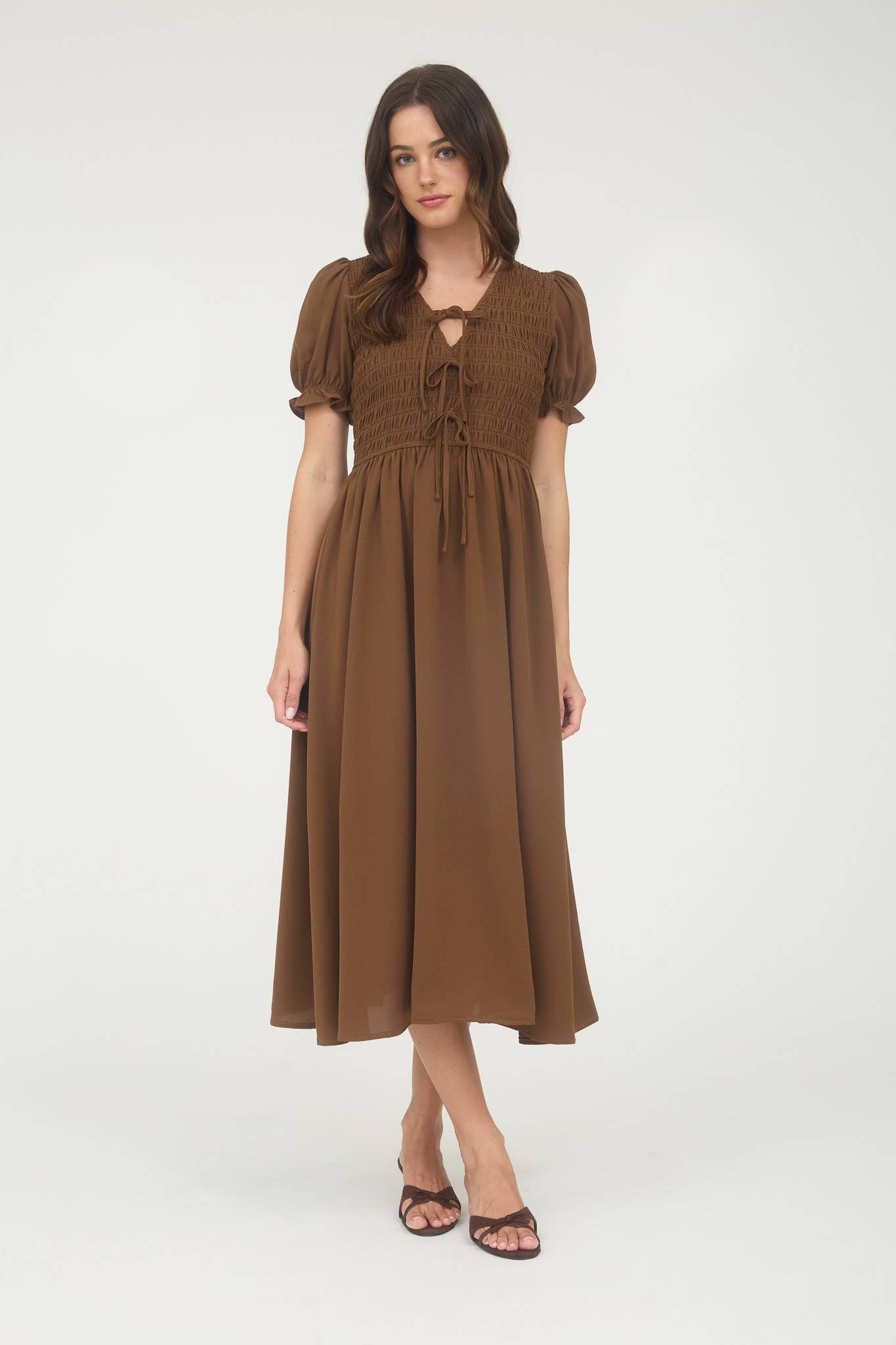 Brown Puff Sleeve Midi Dress