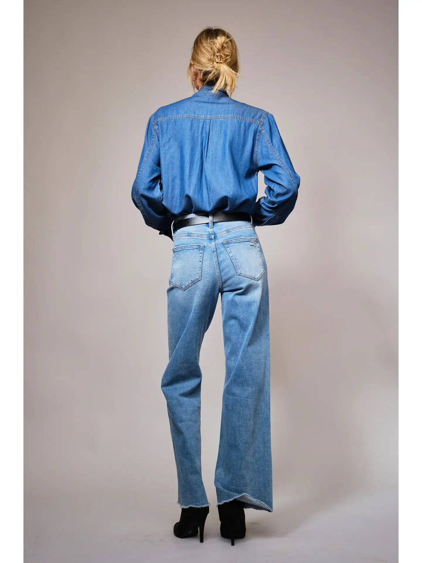 Tie Neck Hidden Button Chambray Blouse