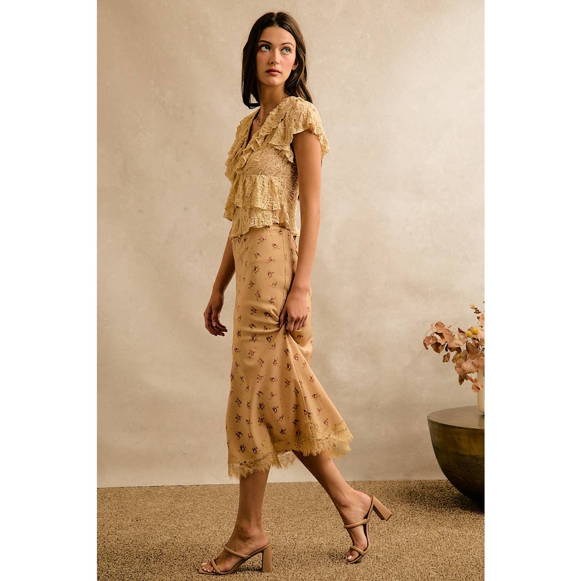 Satin Floral Print Lace Trim Midi Skirt