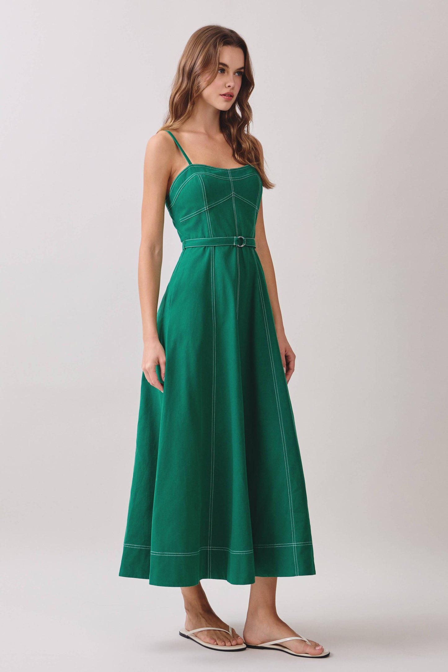 Contrast Topstitching Curved Neckline Midi Dress