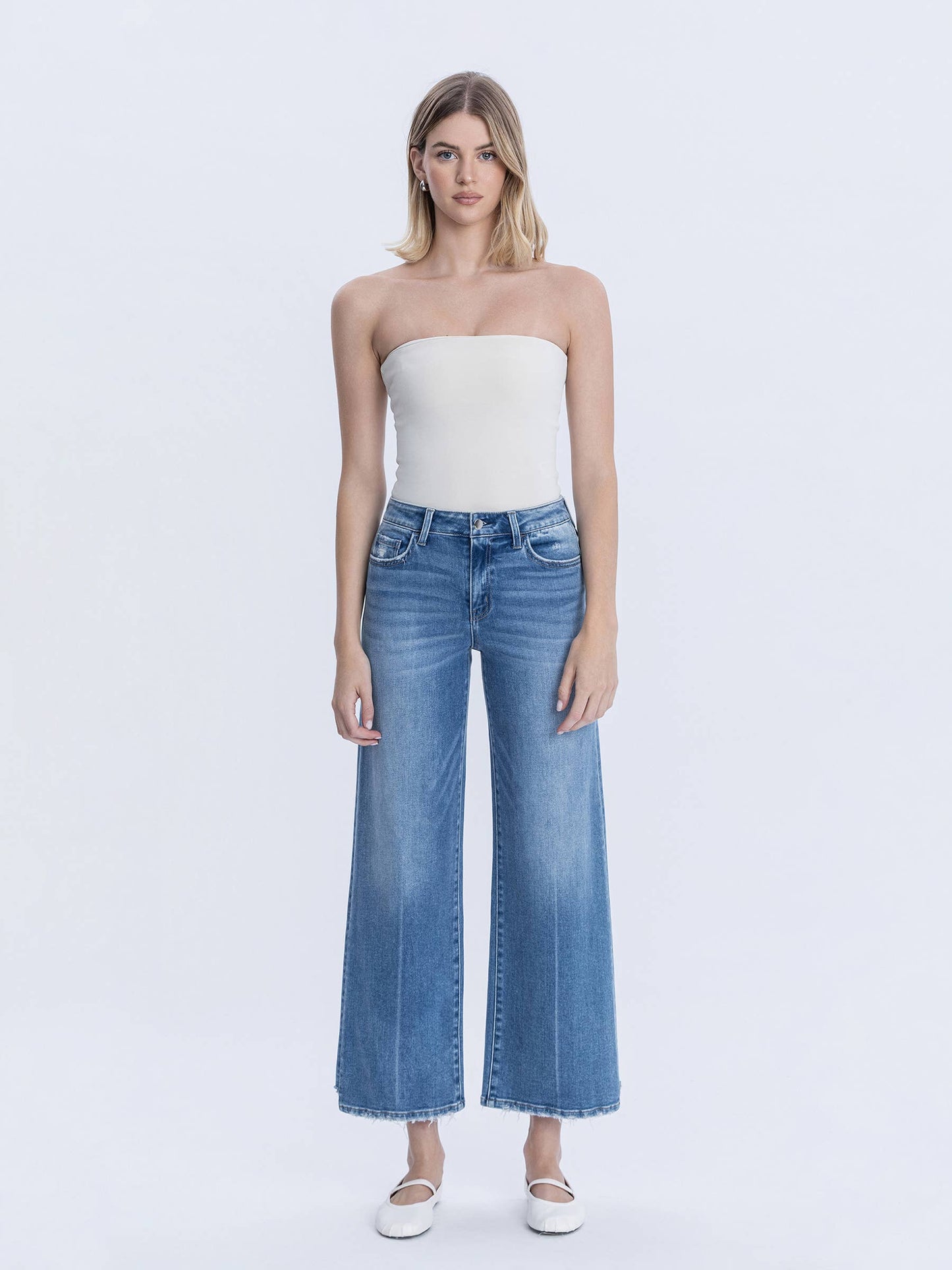 High Rise Side Panel Step Hem Ankle Wide Jeans