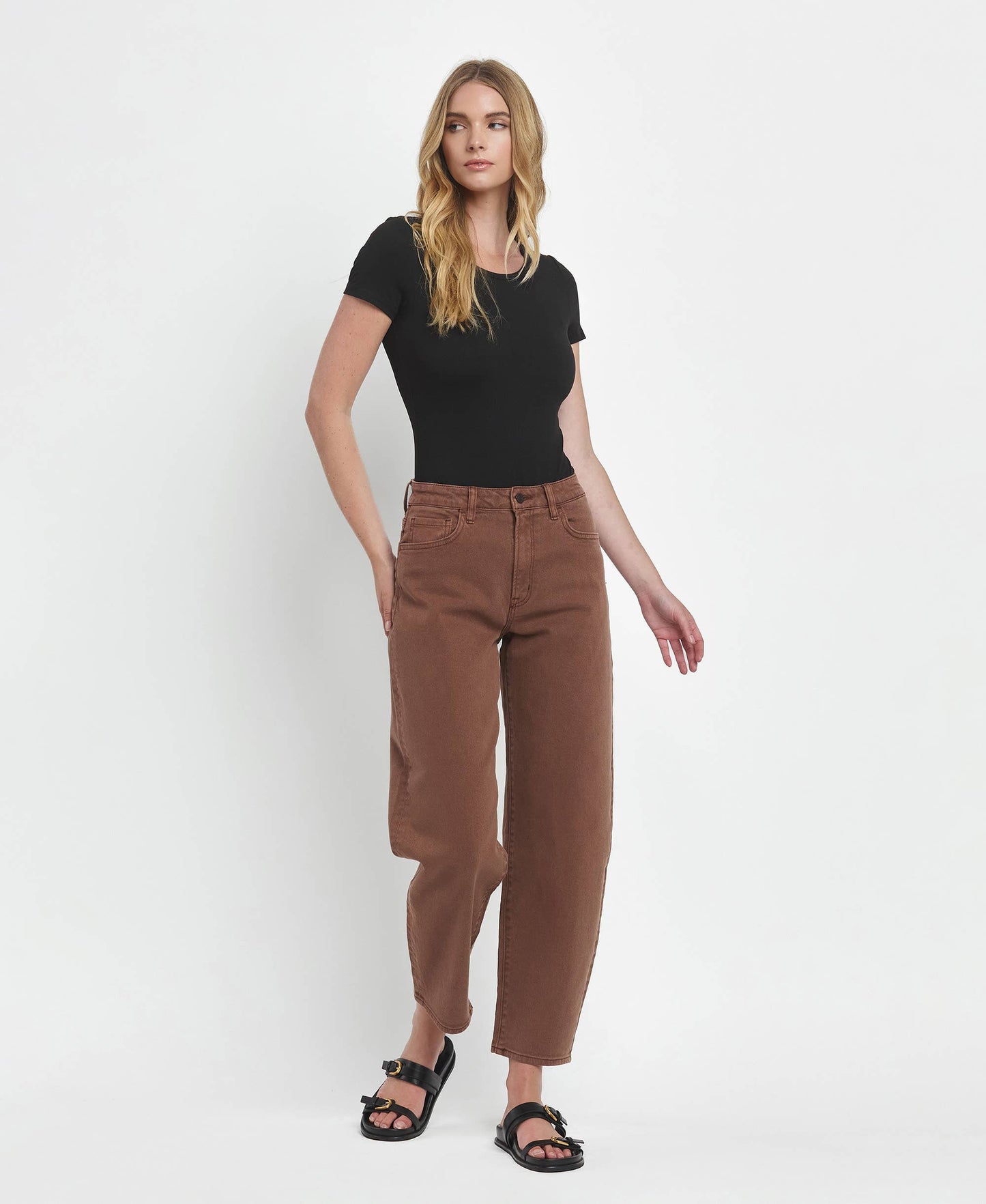 Super High Rise Brown Slim Barrel Jeans