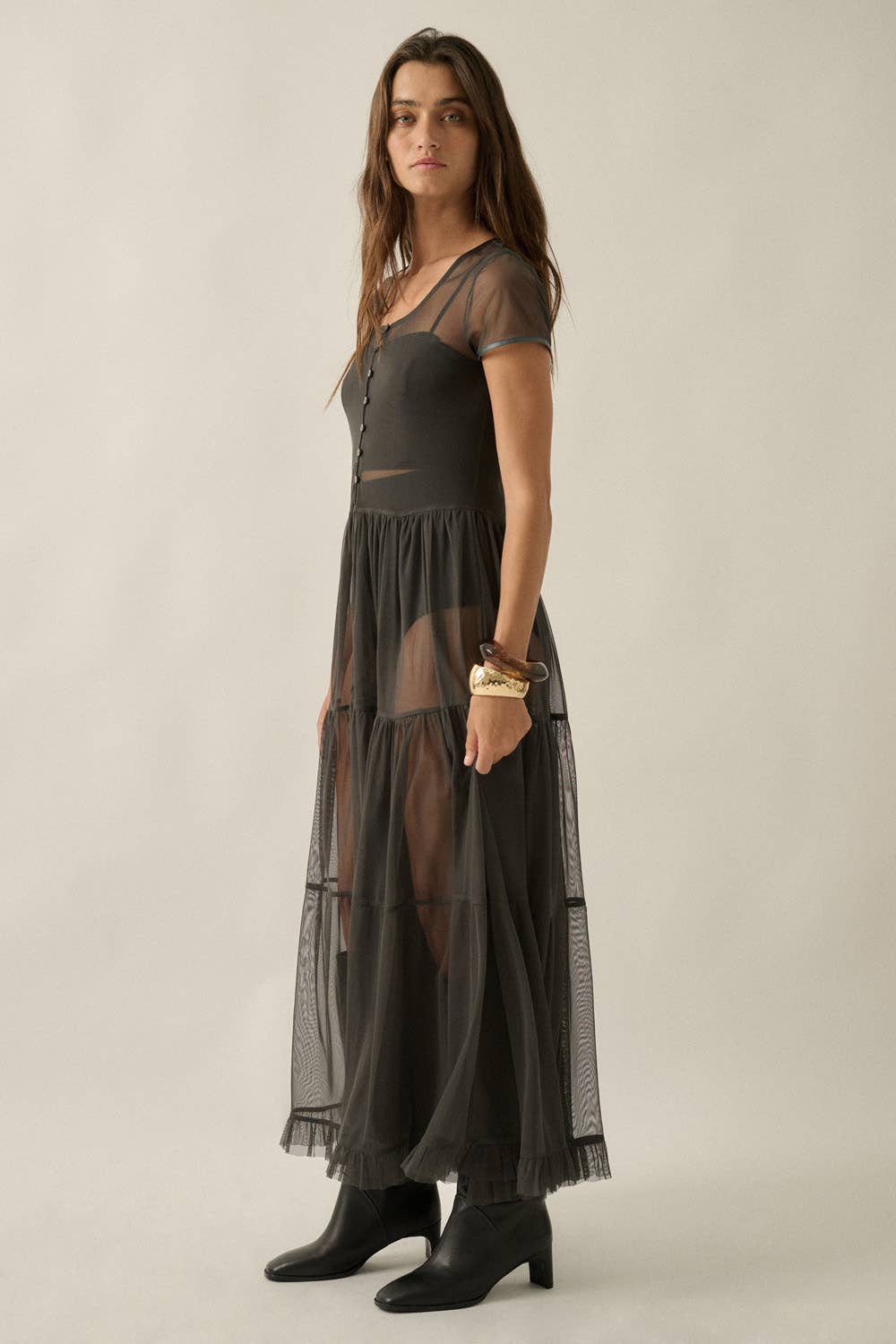 Mesh Short-Sleeve Button-Front Maxi Top