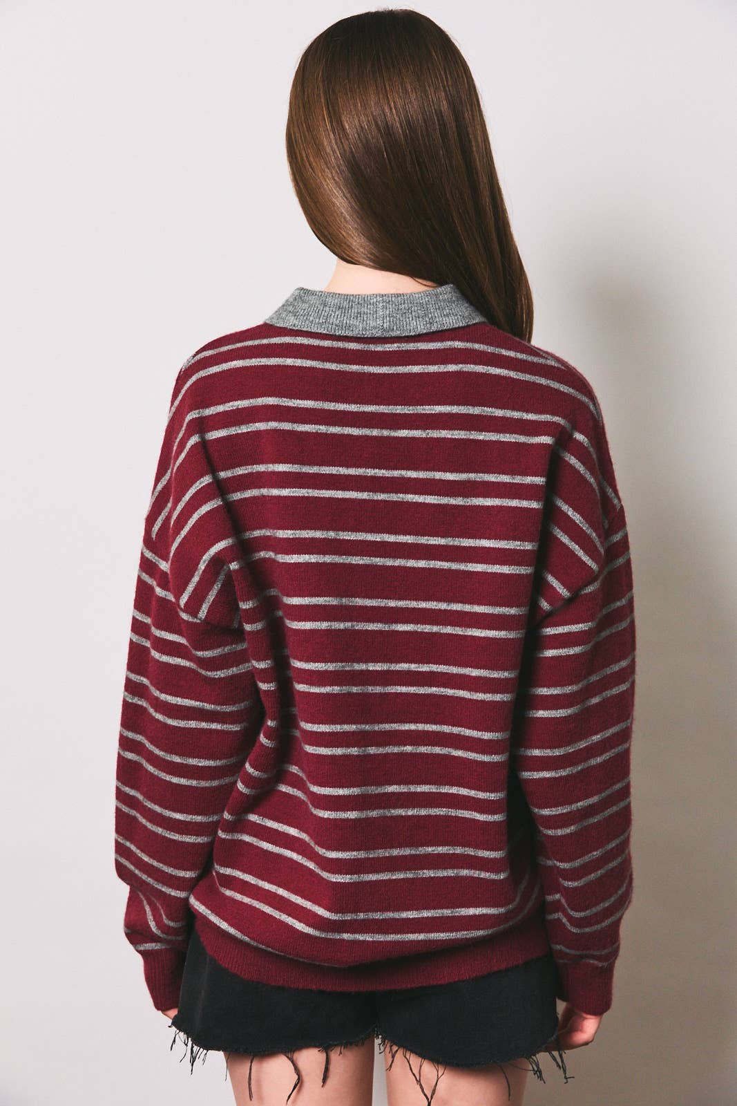 Maroon Striped Collared Knit Pullover Sweater