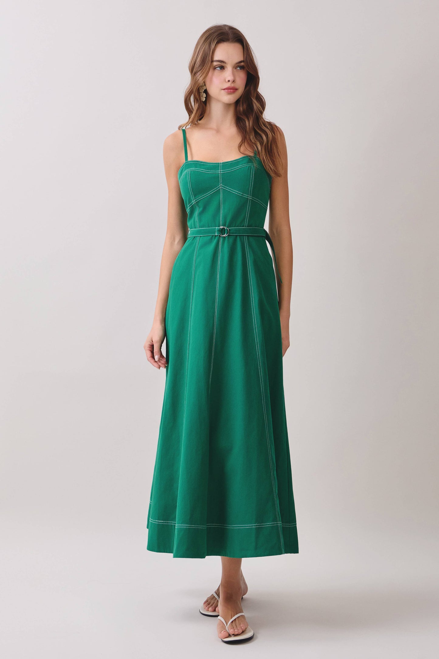 Contrast Topstitching Curved Neckline Midi Dress