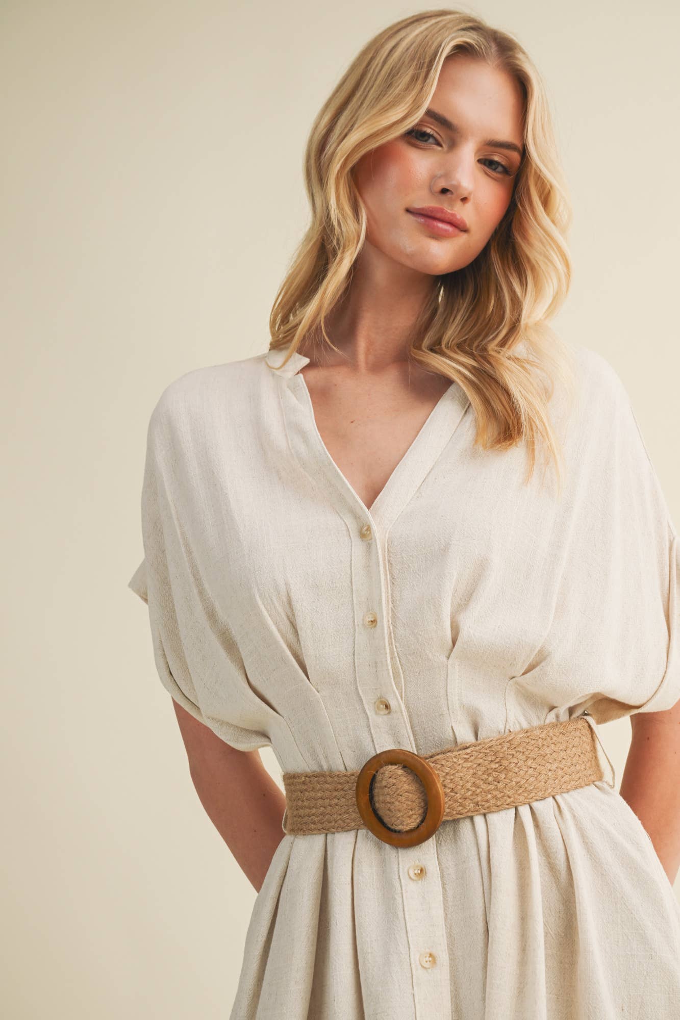 Dolman Sleeve Belted Button-Front Dress