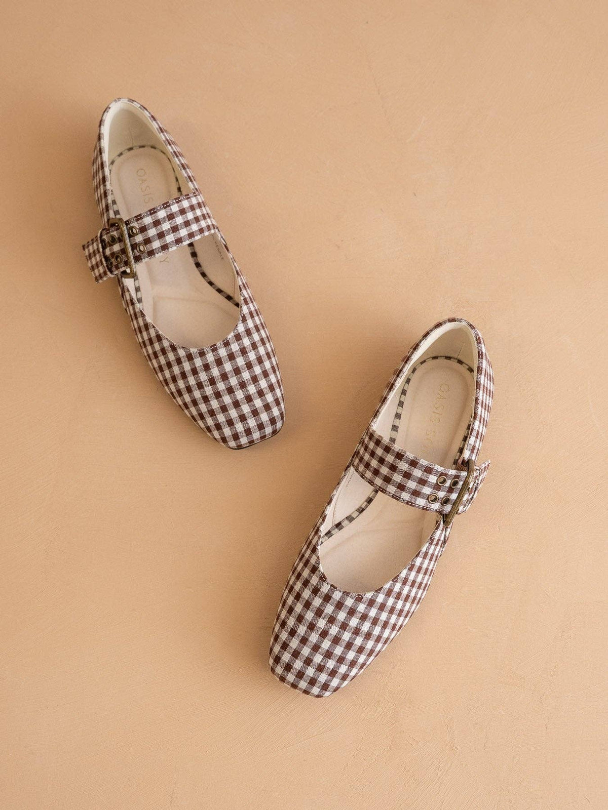 Coffee Gingham Ballet Flats Buckle
