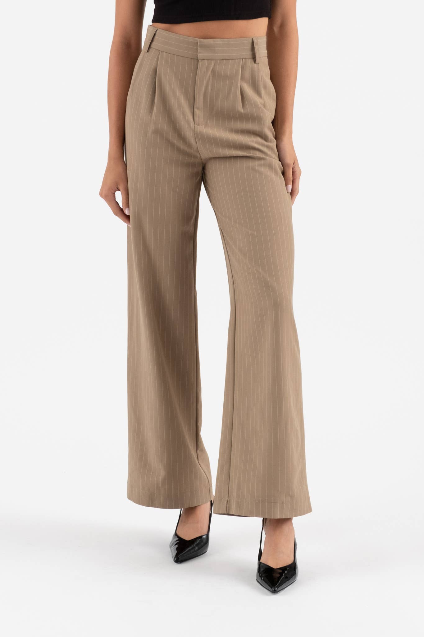 PINSTRIPE FLARE LEG PLEATED PANTS
