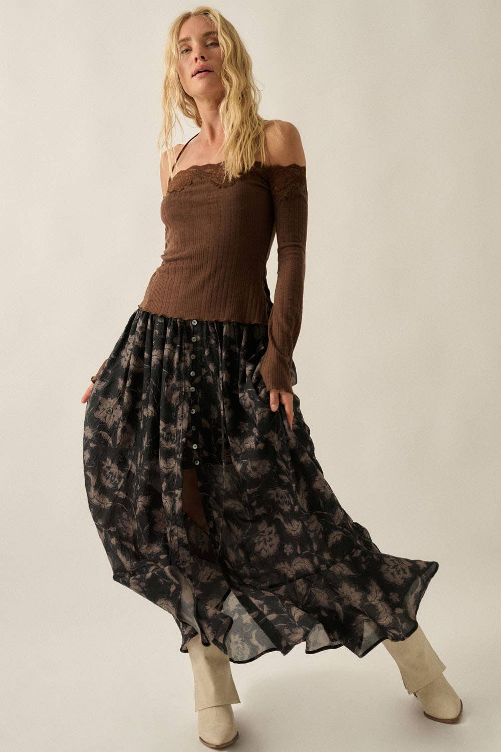 Floral-Print Button-Front Ruffle Maxi Skirt