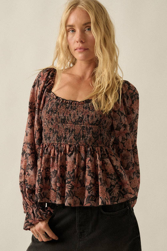 Floral-Print Sweetheart Smocked Peplum Top