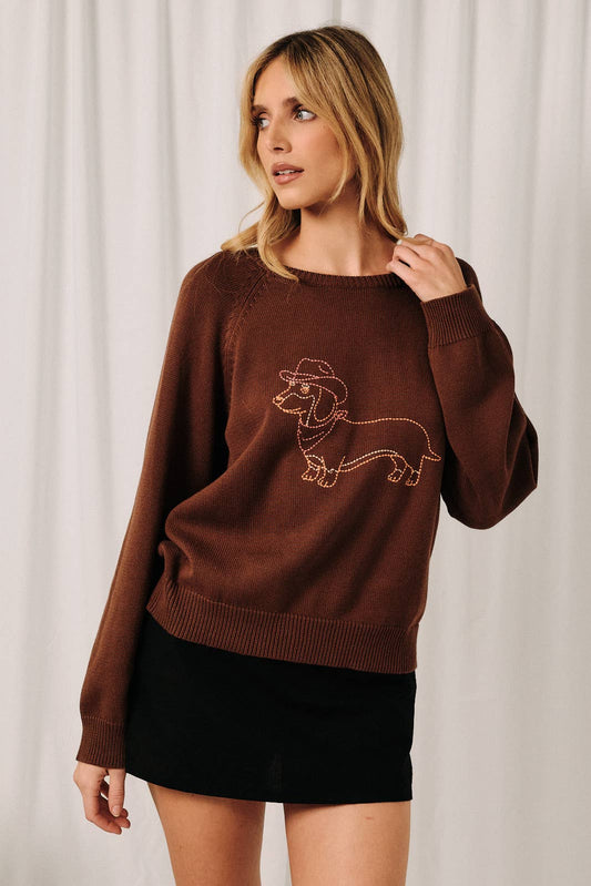 Raglan Long Sleeve "Cowboy Dog" Graphic Stitch Sweater