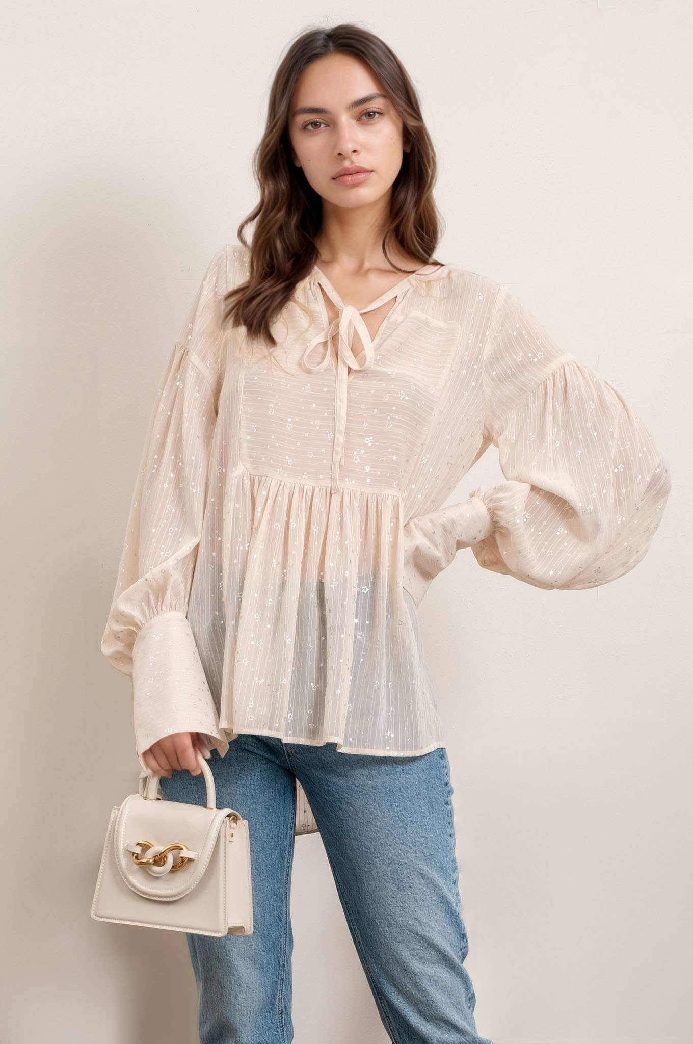 Star Print Cuff Sheer Blouse
