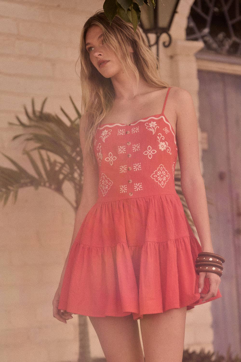 Floral-Embroidered Cotton Tiered Romper