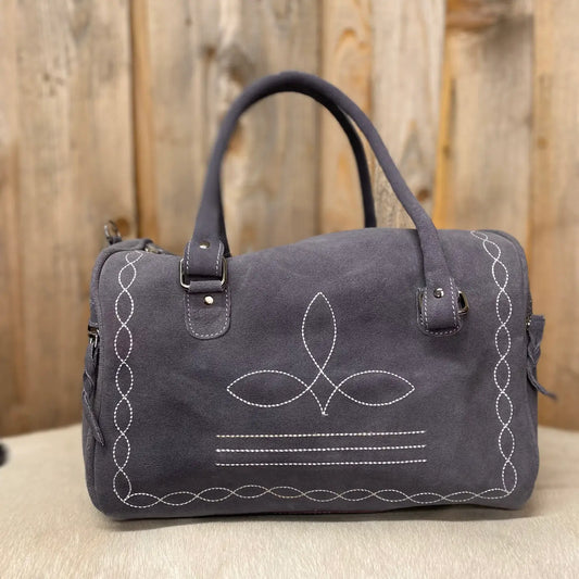 Grey Boot Stitch Suede Leather Mini Duffle Bag