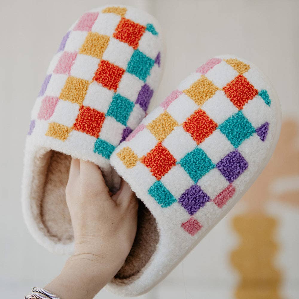 Multicolored Checkered Fuzzy Slippers