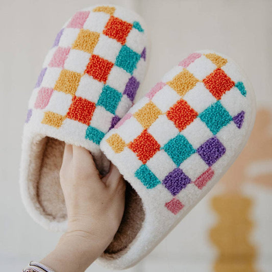 Multicolored Checkered Fuzzy Slippers