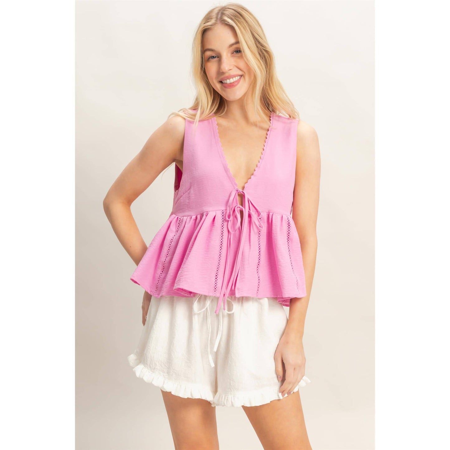 Lace Trim Tie Front Top