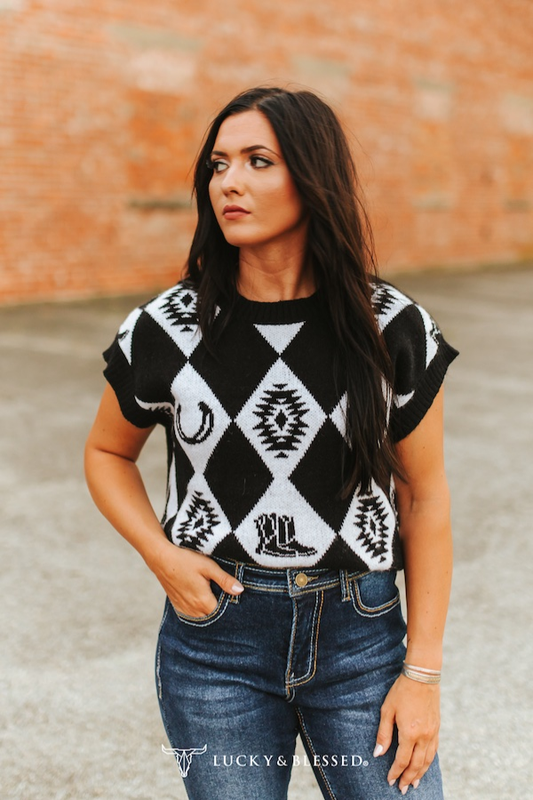 Black Checkered Knit Western Sweater Top (PRE-ORDER)