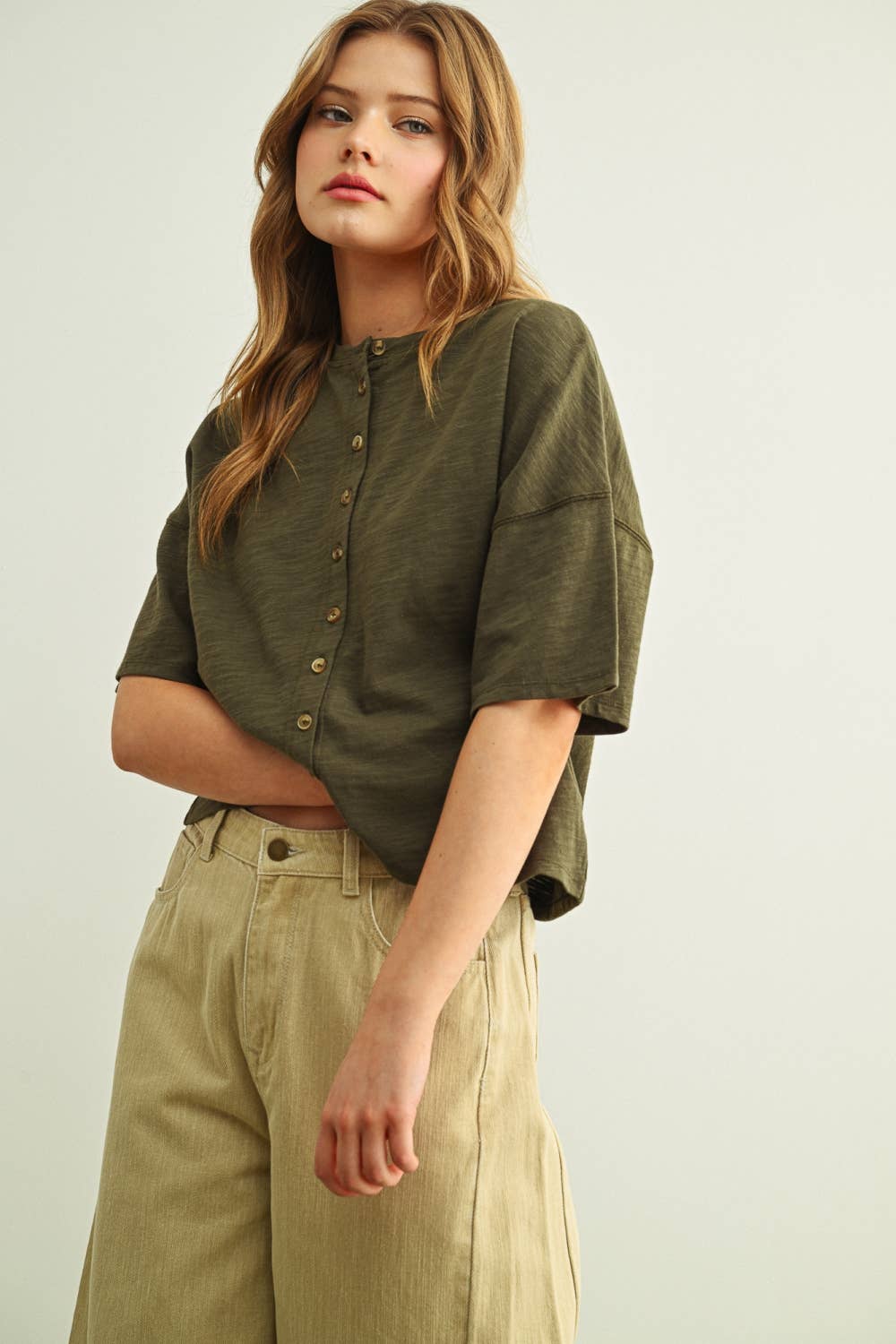Button Down Round Neck Half Sleeve Top