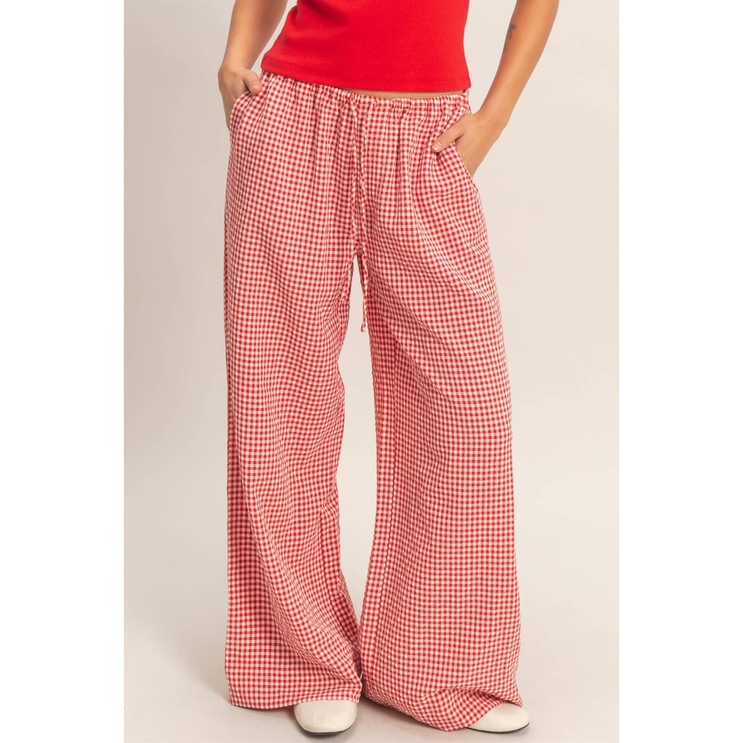 Gingham Drawstring Wide-Leg Pants