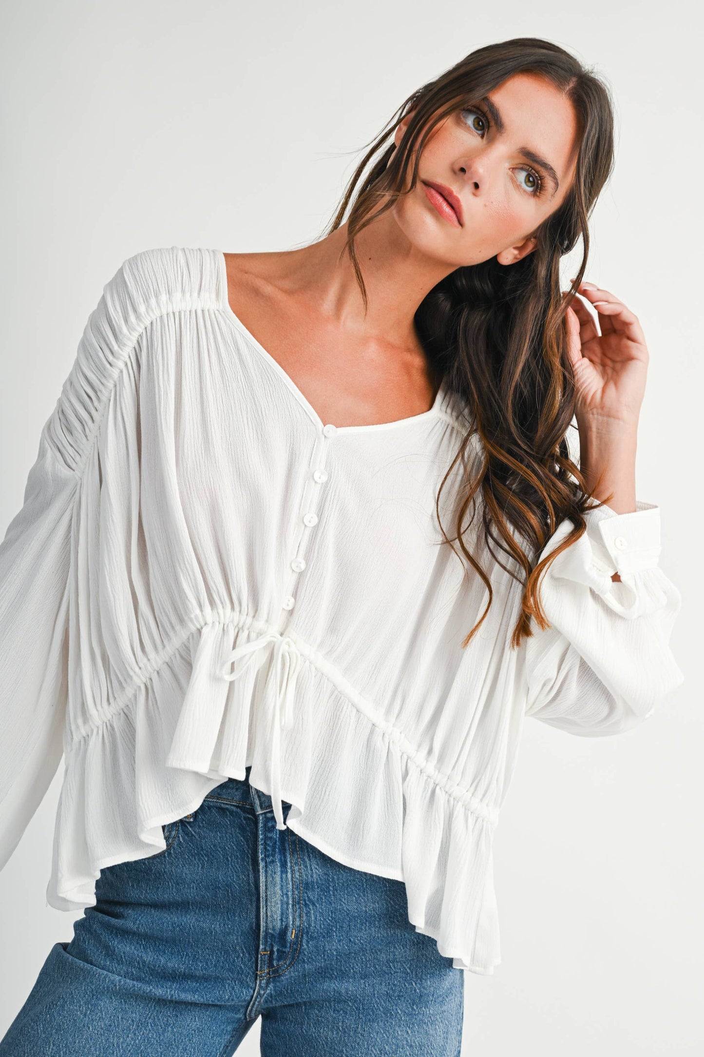 Textured Button Front Peplum Blouse
