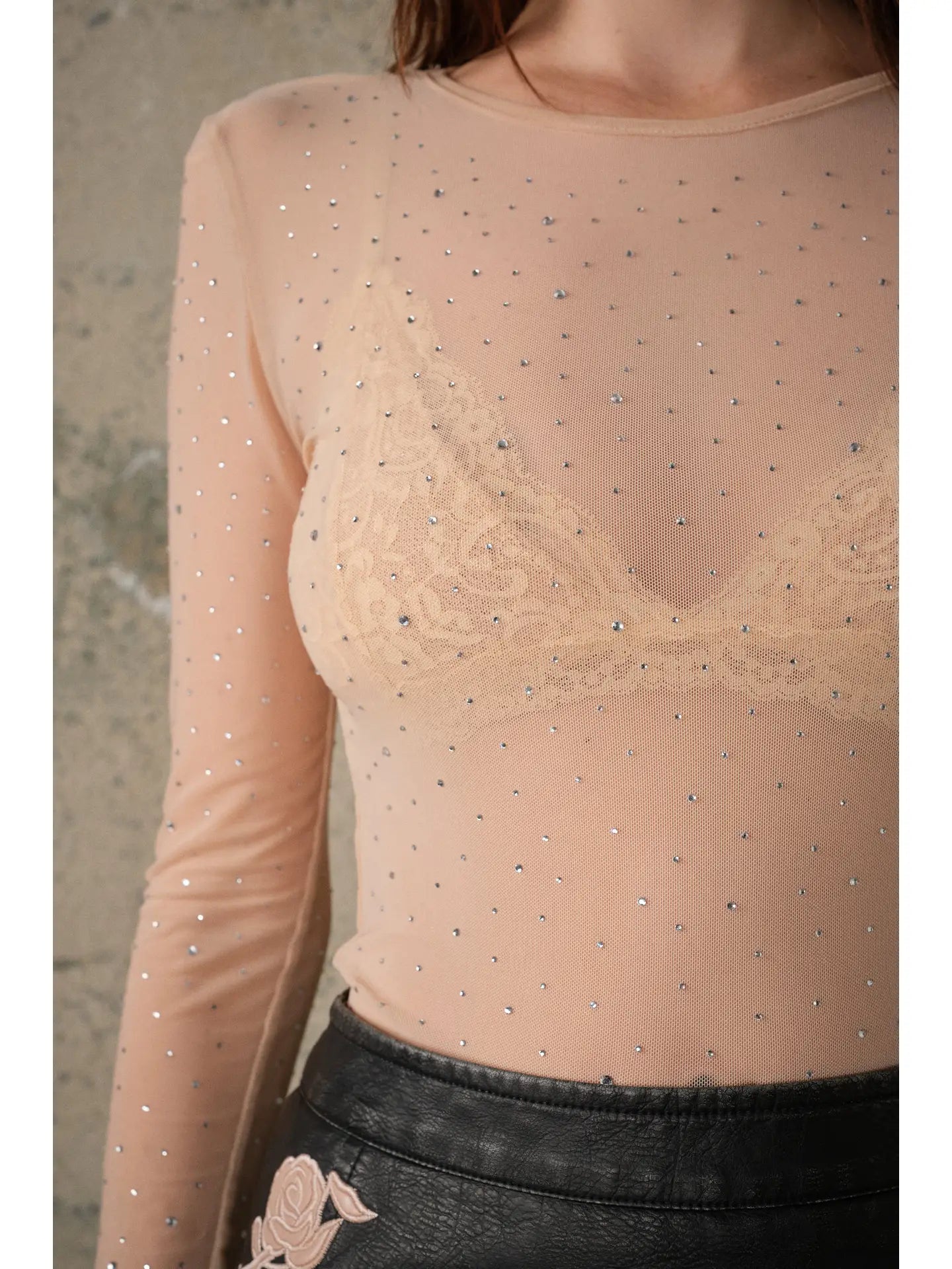 Rhinestone Mesh Long Sleeve Top