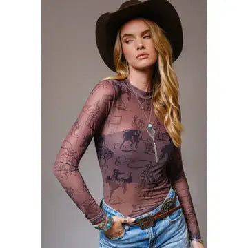 Cowgirl Print Mesh Long Sleeve Top
