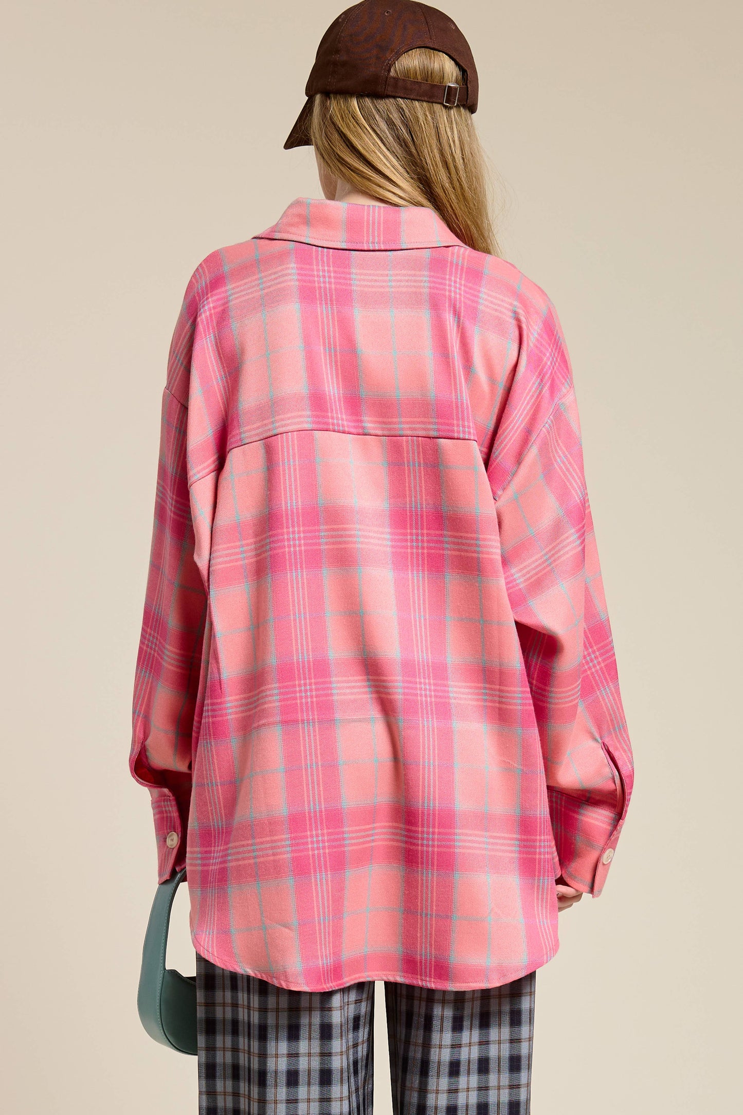 Oversized Plaid Button Down Shirt with Front Pocket