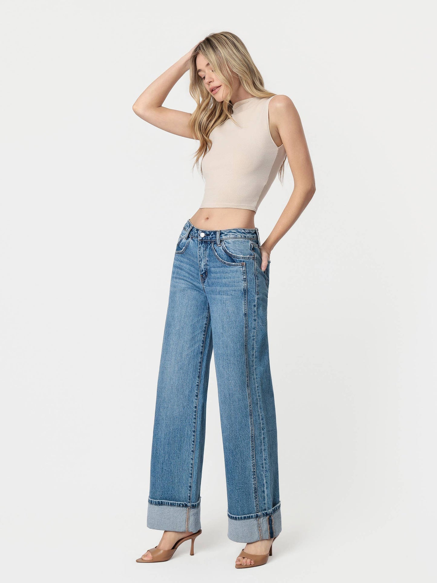High Rise Cuffed Panel Baggy Wide Jeans