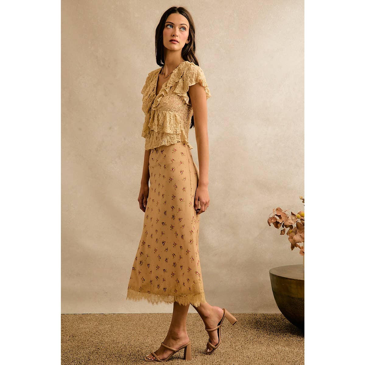 Satin Floral Print Lace Trim Midi Skirt