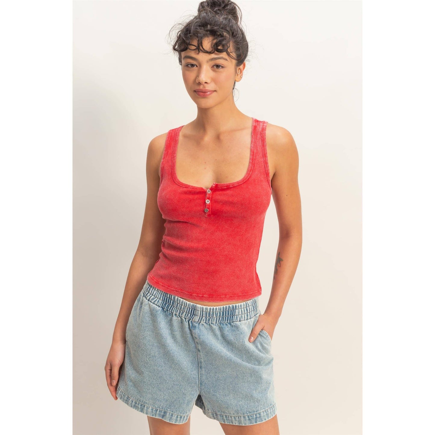 Acid Washed Henley Ribbed Tank Top