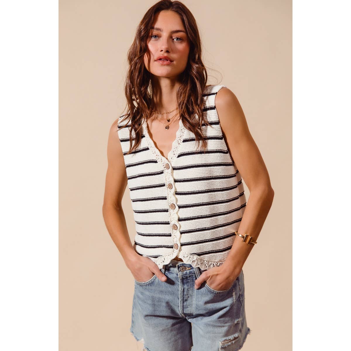 Buttoned Stripe Texture Knitted Sweater Vest Top