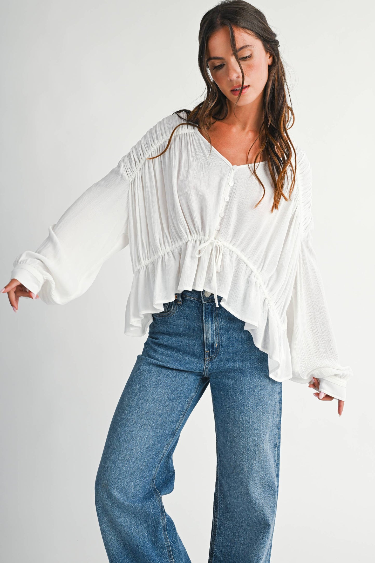 Textured Button Front Peplum Blouse