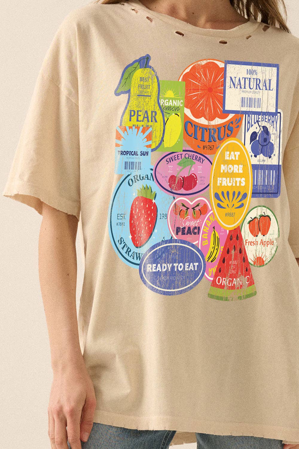 Fruit Stickers Distressed Oversize Graphic Tee