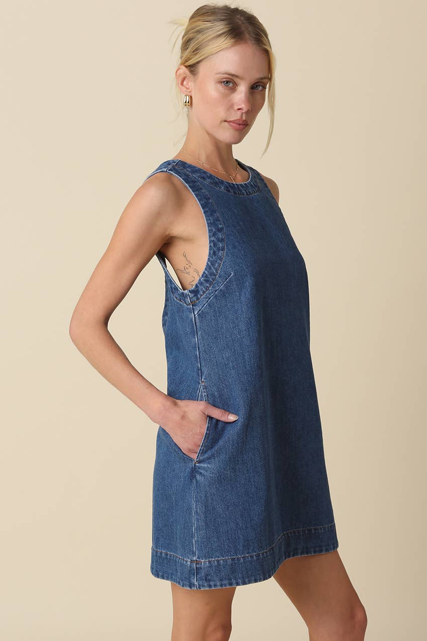 Livia Open-Back Denim Shift Dress