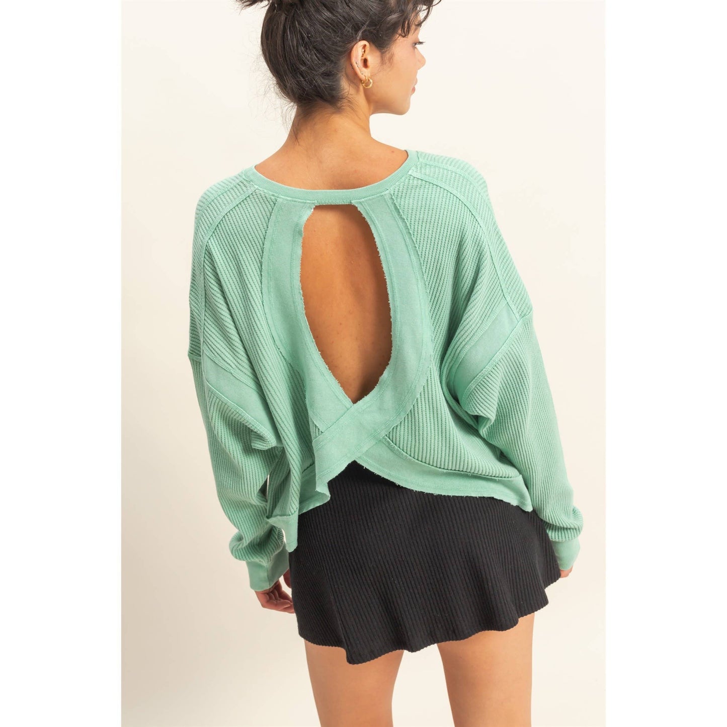 Open Back Textured Knit Long Sleeve Top