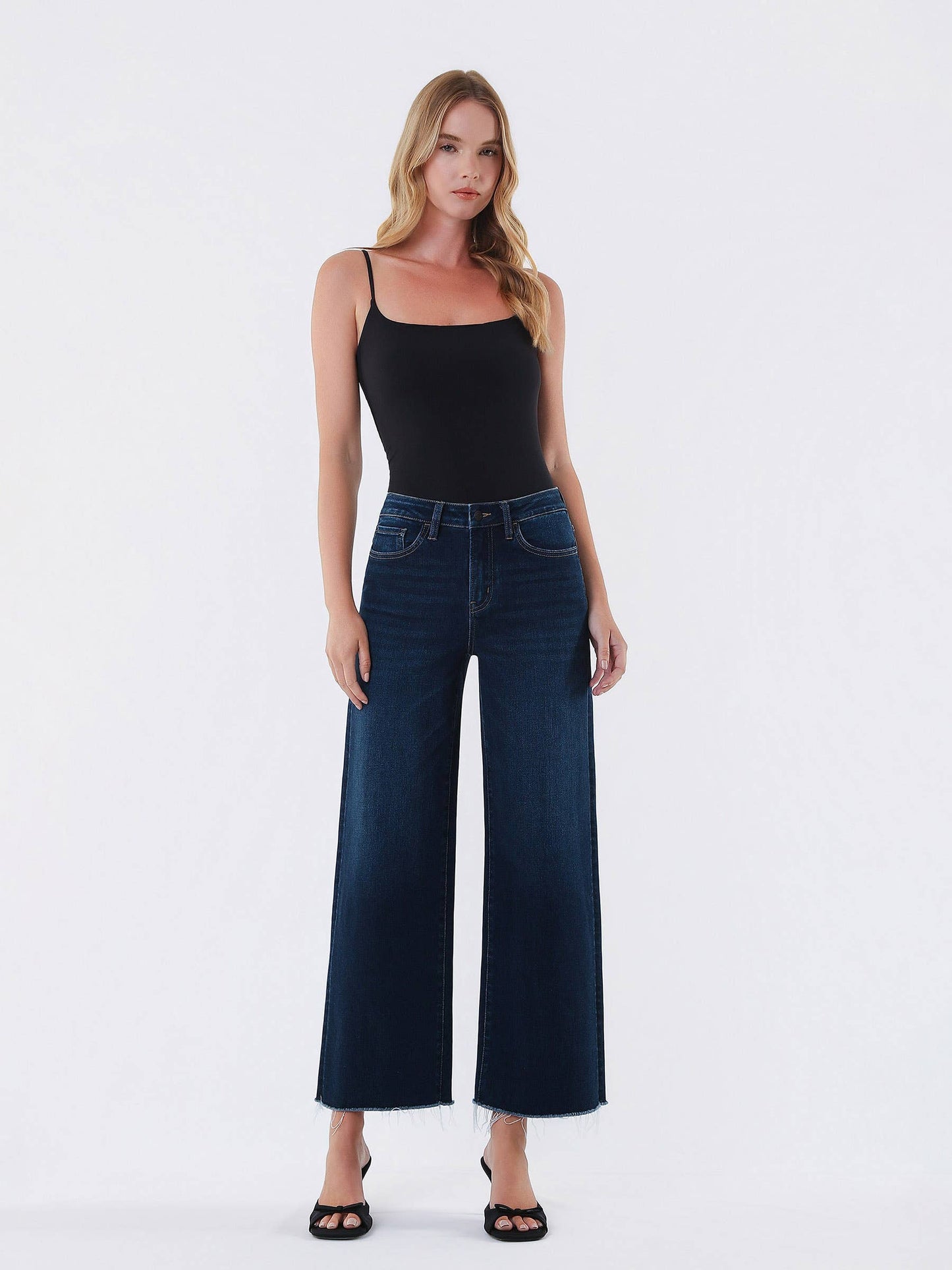 High Rise Dark Wash Ankle Wide Leg Jeans